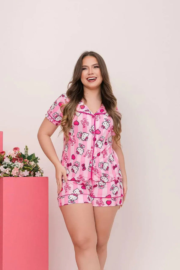 Pijama Americano Curto Hello Kitty Rosa Bebê