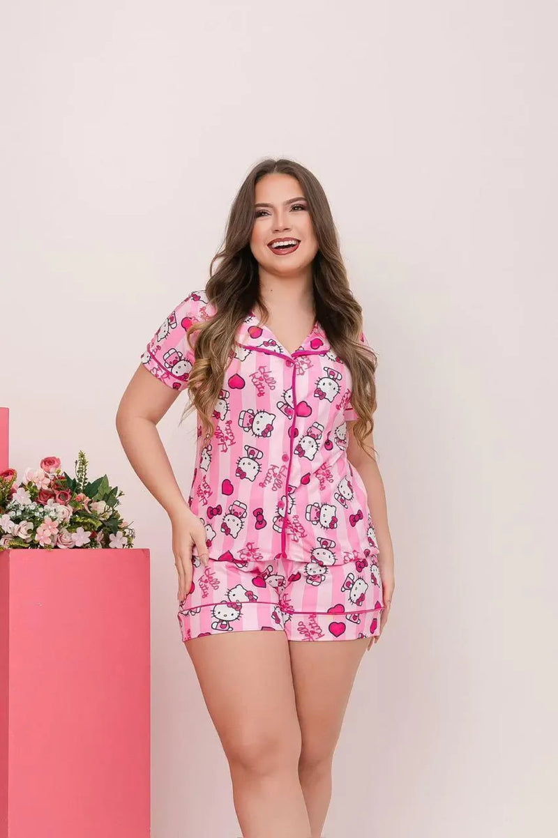 Pijama Americano Curto Hello Kitty Rosa Bebê