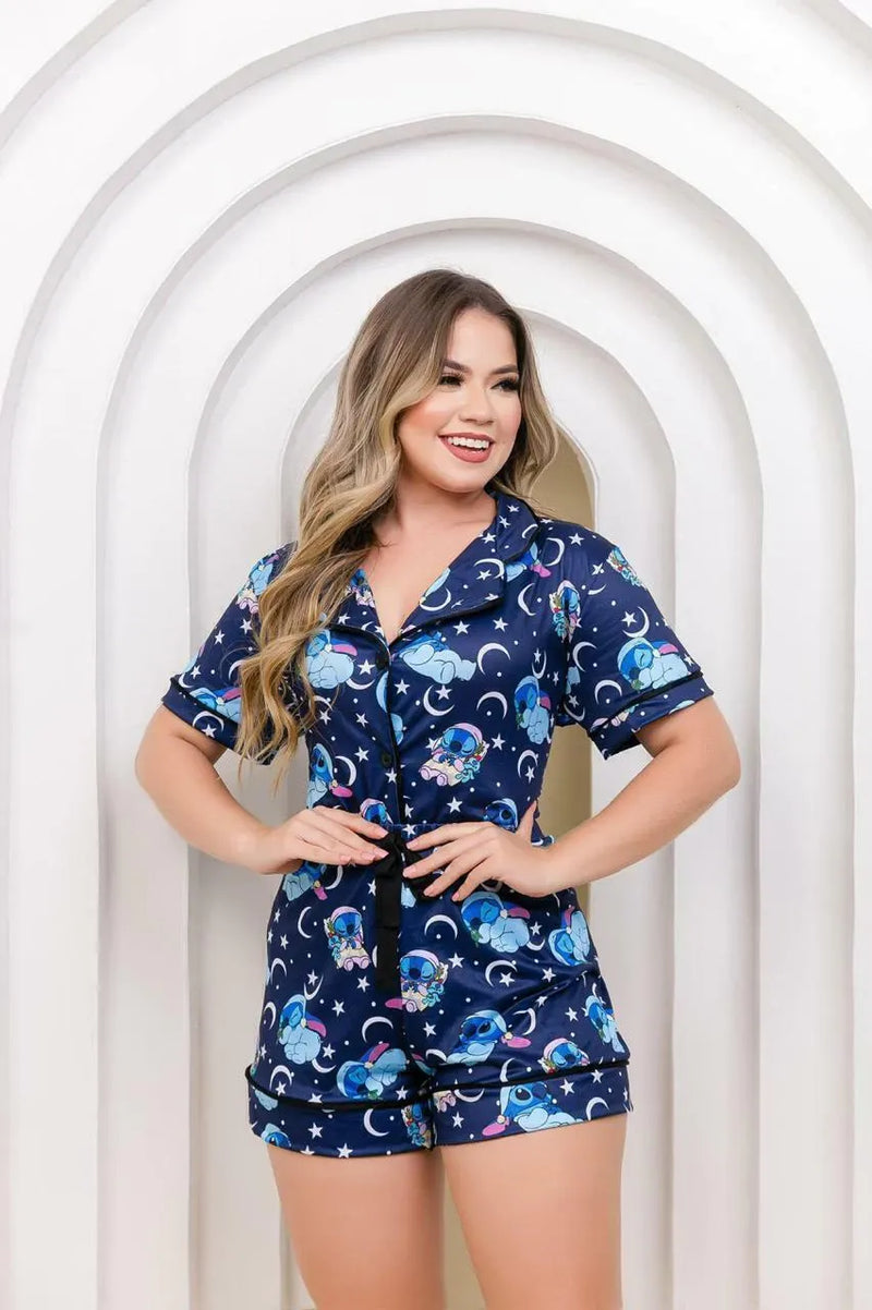 Pijama Americano Curto Stitch Noite