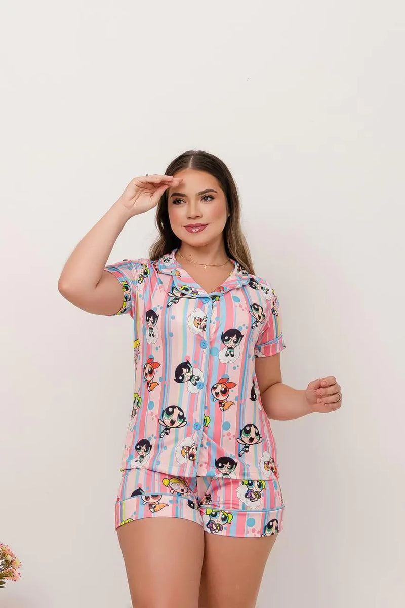 Pijama Americano Curto Meninas Superpoderosas Rosa